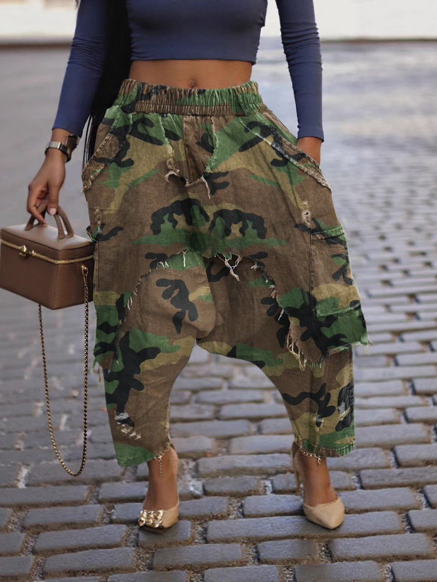 S391435 Cross-Border Women's Fashion Camouflage Ripped Harem Pants Vintage Distressed Loose Street Style Drop-Crotch Pants