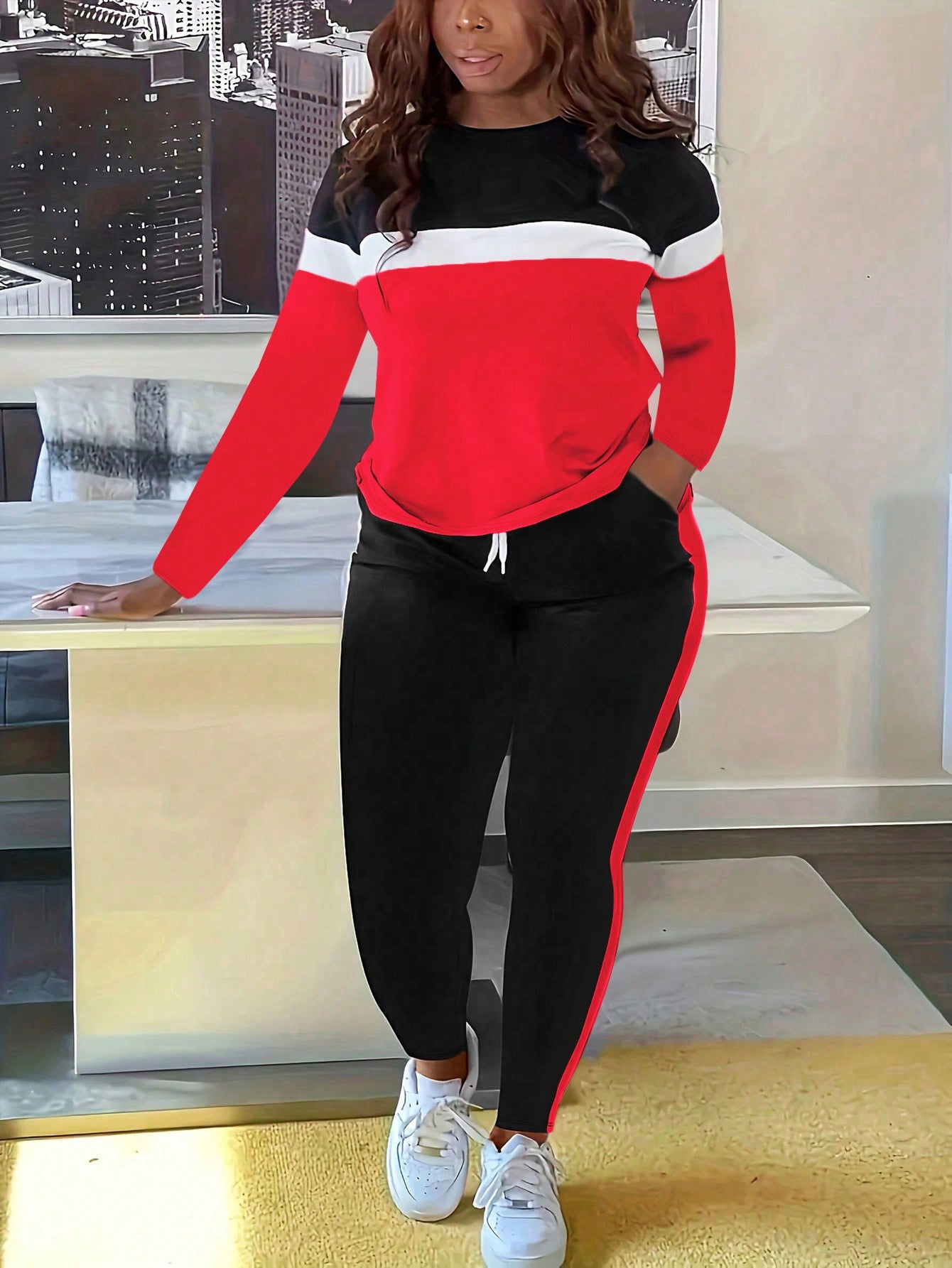 S390843 Striped Patchwork Long-Sleeved Pants Suit Women's Cross-Border New Fashion Women's Independent Station Casual Long-Sleeved