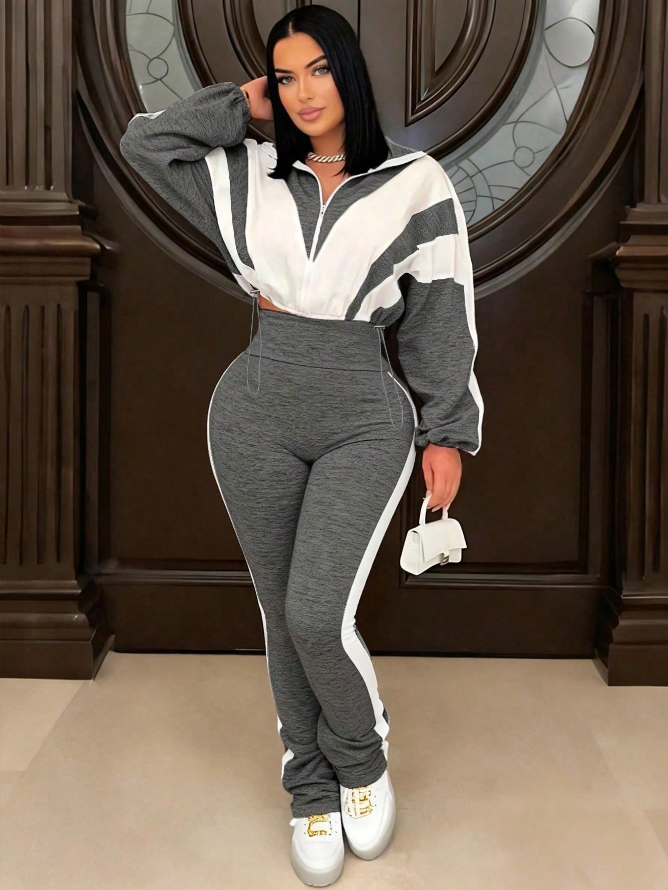 P391403 Contrast Color Stitching Sports Suit Women's Fashion Large Size Casual Pants + Cardigan Jacket Two-Piece Set