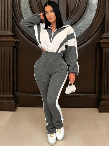 P391403 Contrast Color Stitching Sports Suit Women's Fashion Large Size Casual Pants + Cardigan Jacket Two-Piece Set