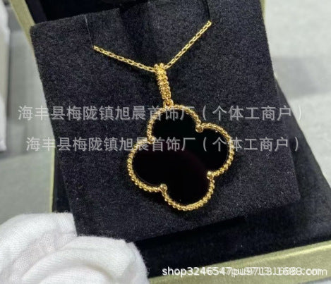 New Product 2024 Four-Leaf Clover Sweater Chain 18K Rose Gold Carnelian White Mother-Of-Pearl Pendant Clavicle Chain Couple Gift
