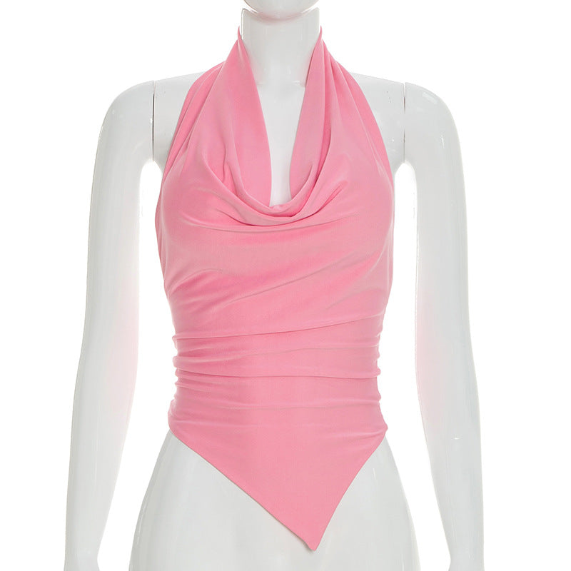 J26tp103 European and American Style Cross-Border Women's Clothing Spring and Summer Night Hanging Neck Draped Tie Knot Big Backless Oblique Swing Solid Color Top