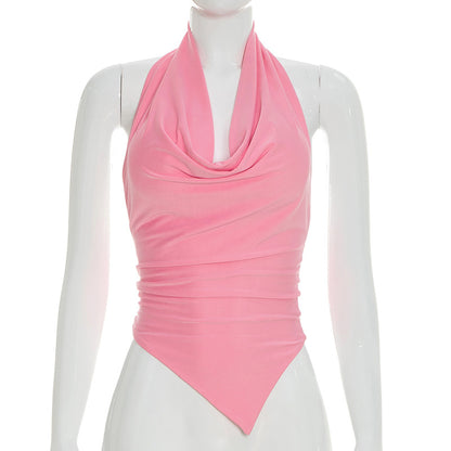 J26tp103 European and American Style Cross-Border Women's Clothing Spring and Summer Night Hanging Neck Draped Tie Knot Big Backless Oblique Swing Solid Color Top