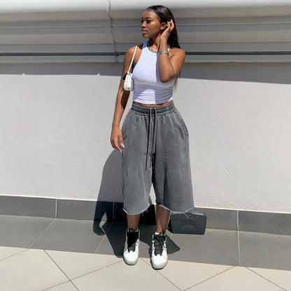 S391515 Cross-Border Women's Washed Gray Loose Wide-Leg Pants Casual Elastic Drawstring Waist Frayed Hem Cropped Pants