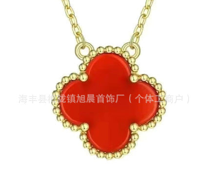 Latest Product 2025 Fanjia Four-Leaf Necklace 15mm Carnelian White Mother-Of-Pearl Pendant Clavicle Chain Couple Gift Fashion