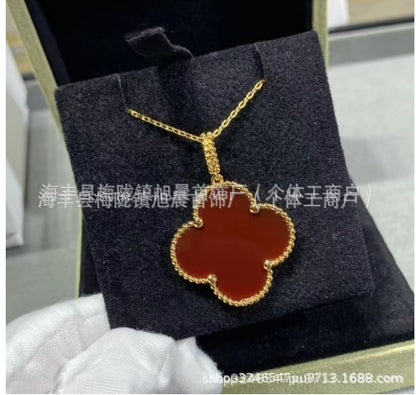 New Product 2024 Four-Leaf Clover Sweater Chain 18K Rose Gold Carnelian White Mother-Of-Pearl Pendant Clavicle Chain Couple Gift