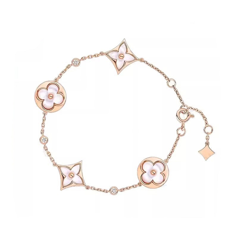 Donkey Home Top Diamond V Gold Four-leaf Clover Five-flower Bracelet V No Falling White Fritillaria Five-flower Bracelet Net Red OL Same Style