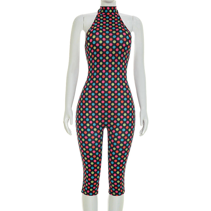 J26jp114 European and American Style Cross-Border Women's Clothing Spring and Summer Halter Strap Backless Polka Dot Print Pleated Cropped Jumpsuit