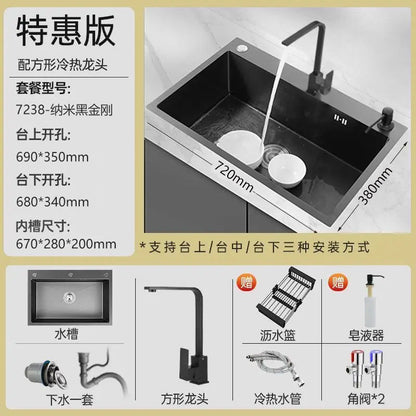 Black 304 Stainless Steel Sink 3mm Thickeneded Kitchen Sink Large Single Tank Household Above Counter Basin under Counter Dishwashing Basin
