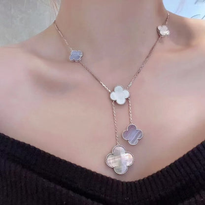 New 2024 High-Quality Four-Leaf Clover Natural White Mother-Of-Pearl Large and Small Flower Tassel Style Accessible Luxury Necklace Fashionable and Non-Fading