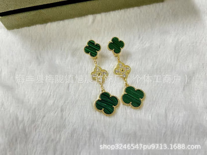 2024 New Four-Leaf Clover Three-Flower Plated 18K Gold Black Agate Red Chalcedony Long Earrings for Women Ins Earrings Anti-Over
