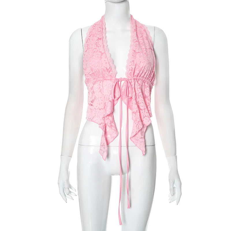 D25TP106 European and American Cross-border Women's Wear Spring and Summer Lace Neck Drawstring Strap Irregular Ruffled T-shirt Top