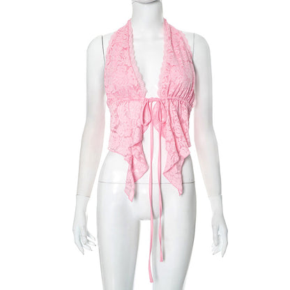 D25TP106 European and American Cross-border Women's Wear Spring and Summer Lace Neck Drawstring Strap Irregular Ruffled T-shirt Top