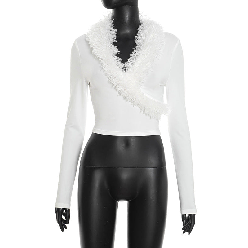 J25Tp402 European and American Style Cross-Border Women's Autumn and Winter Deep V Fur Collar Pure Color Pullover Navel-Baring Long-Sleeved Slim Top