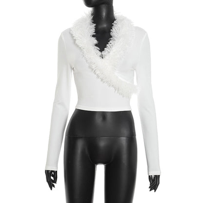 J25Tp402 European and American Style Cross-Border Women's Autumn and Winter Deep V Fur Collar Pure Color Pullover Navel-Baring Long-Sleeved Slim Top
