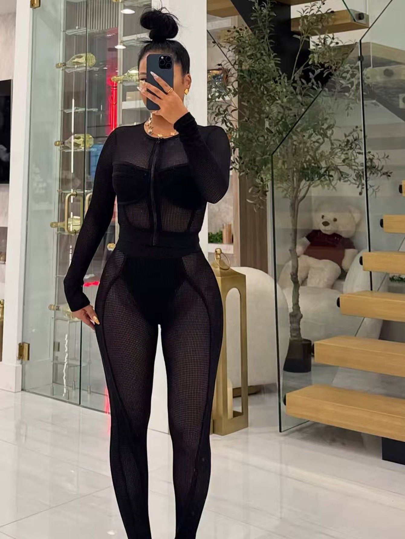 S391418 Cross-Border European and American Clothing, Fashionable and Casual Mesh Suit for Women, Zipper Cardigan and Tights Two-Piece Set