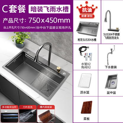 304 Stainless Steel Raindance Waterfall Sink Kitchen Multi-Functional Sink Household Digital Display Honeycomb Embossed Large Single Tank