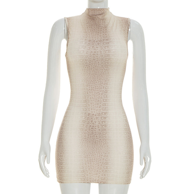 J26ds004 European and American Cross-Border Women's Clothing Spring and Summer Half Turtleneck Printed Sleeveless Waist Slim Sheath Short Dress