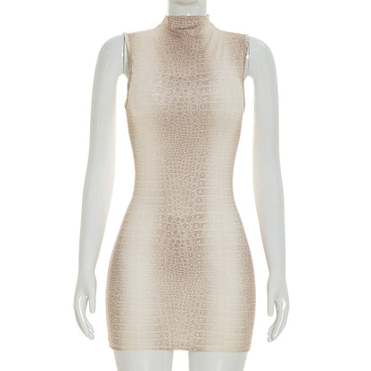 J26ds004 European and American Cross-Border Women's Clothing Spring and Summer Half Turtleneck Printed Sleeveless Waist Slim Sheath Short Dress
