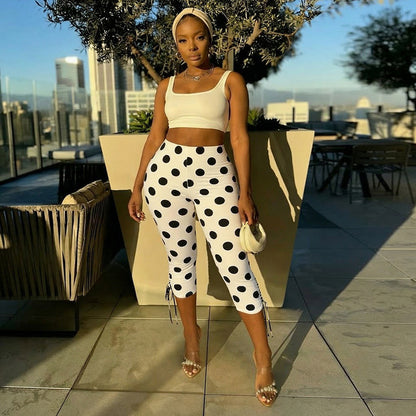 J26pt106 European and American Style Cross-Border Women's Clothing Spring and Summer High Waist Polka Dot Printed Sheath Elastic Drawstring Tie Knot Cropped Pants