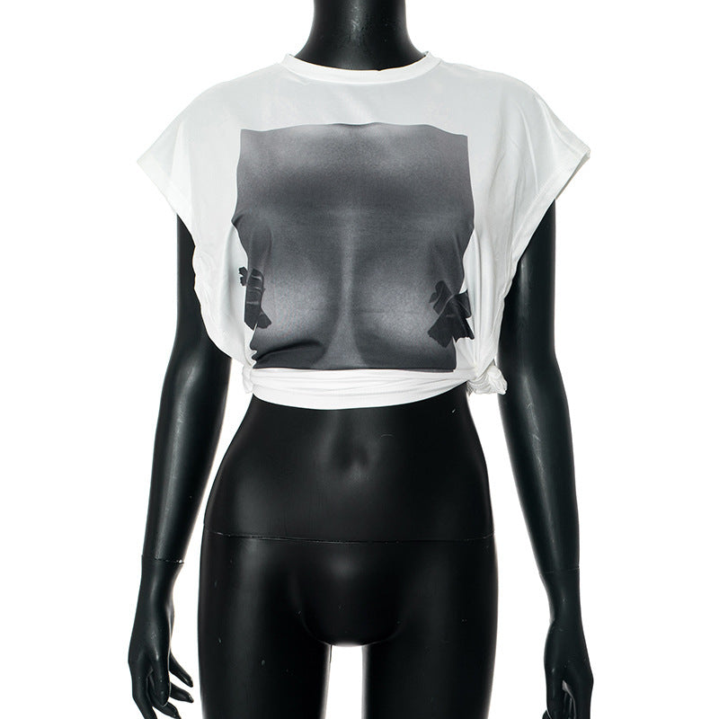 K24TP098 European and American Women's Summer New Amazon 3D Printed Round Neck Sleeveless Split Casual Short Top