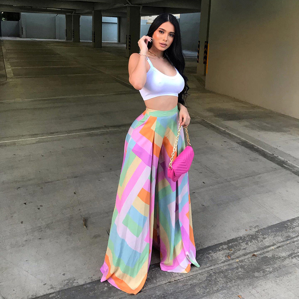 S390292 Foreign Trade Hot-Selling Spring and Summer Elegant Loose Printed Draped Wide-Leg Pants Women's Trousers High-Waisted Women's Wholesale
