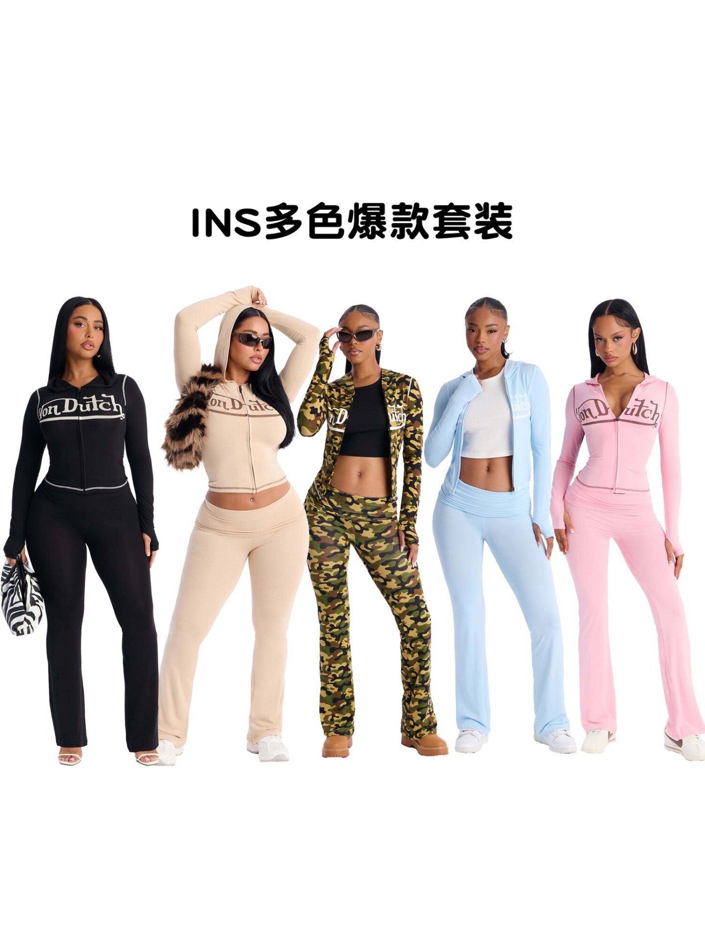 European and American New Ins Foreign Trade Solid Color Letter Printing Stretch Sports Style Zipper Hooded Jacket Trousers Suit for Women