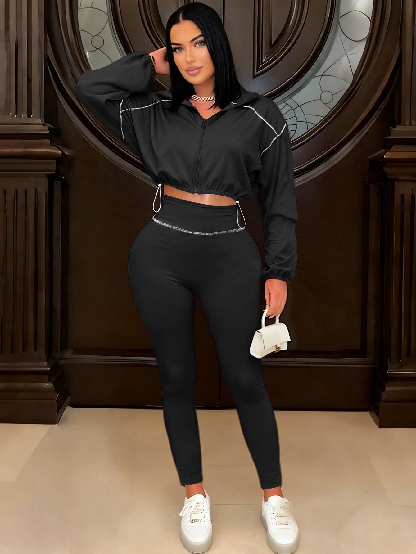 S391388 Fashionable Casual Sports Suit for Women Spring & Fall Pure Color Long-Sleeved Zipper Women's Slimming Look Two-Piece Set