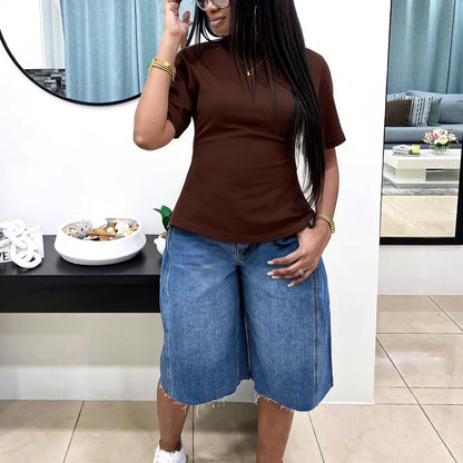 S391544 Cross-Border Women's Clothing Wholesale Spring and Summer Short-Sleeved round Neck T-shirt Women's Casual Street Back Zipper Fashion Top