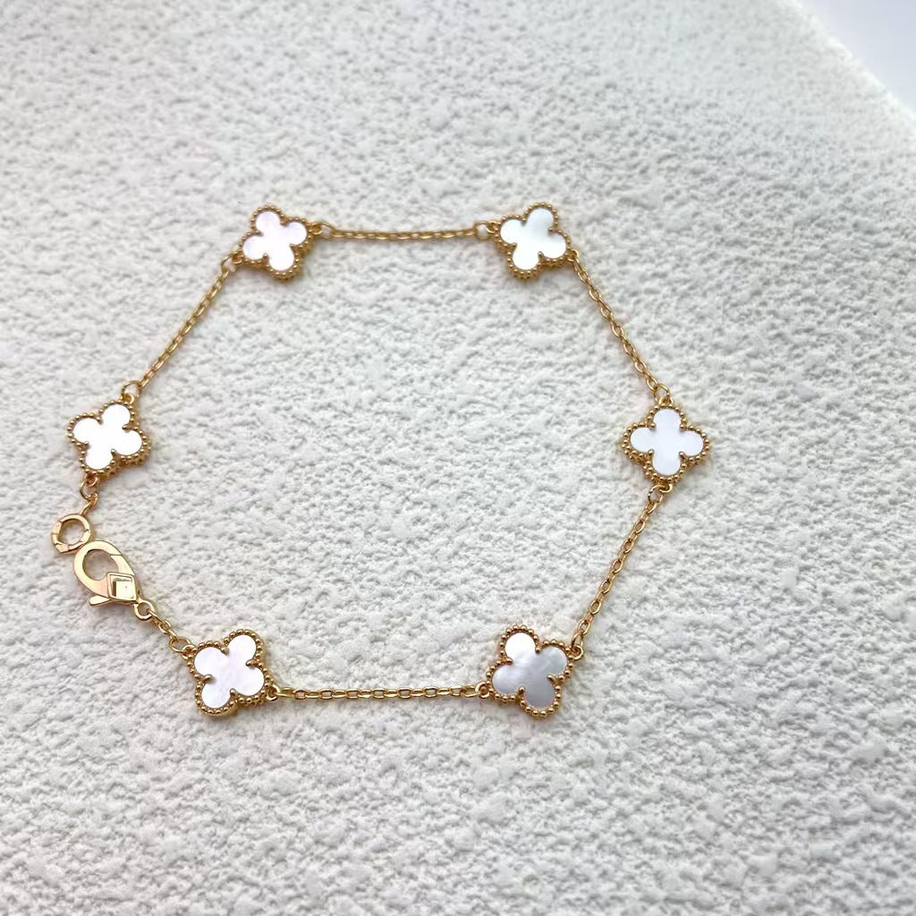 High version 925 silver 9mm small six-flower mini four-leaf clover bracelet women's full diamond natural white fritillary red chalcedony agate