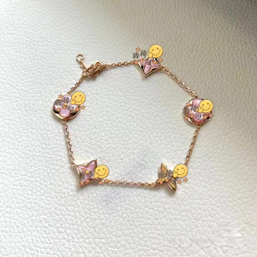 Donkey Home Top Diamond V Gold Four-leaf Clover Five-flower Bracelet V No Falling White Fritillaria Five-flower Bracelet Net Red OL Same Style