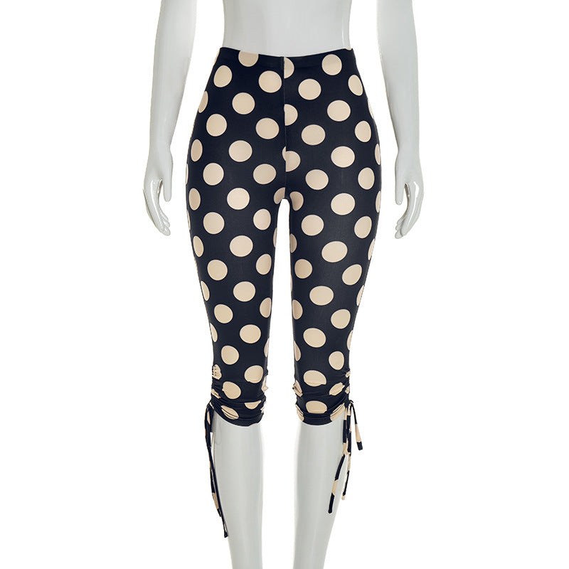 J26pt106 European and American Style Cross-Border Women's Clothing Spring and Summer High Waist Polka Dot Printed Sheath Elastic Drawstring Tie Knot Cropped Pants