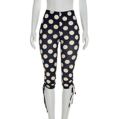 J26pt106 European and American Style Cross-Border Women's Clothing Spring and Summer High Waist Polka Dot Printed Sheath Elastic Drawstring Tie Knot Cropped Pants