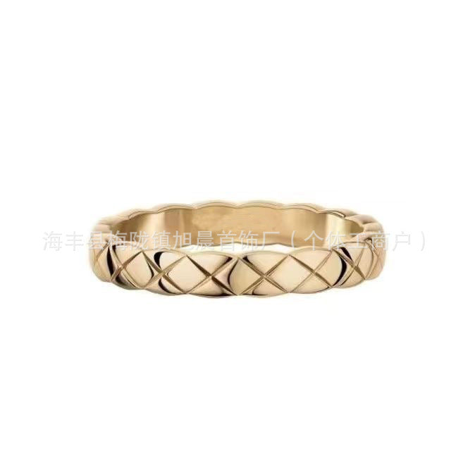 Coco Diamond Plaid Ring Light Luxury 18k Gold Diamond Inspired Stacked Wearing Wide and Narrow Edition High-end Small Chanel Style Couple Ring
