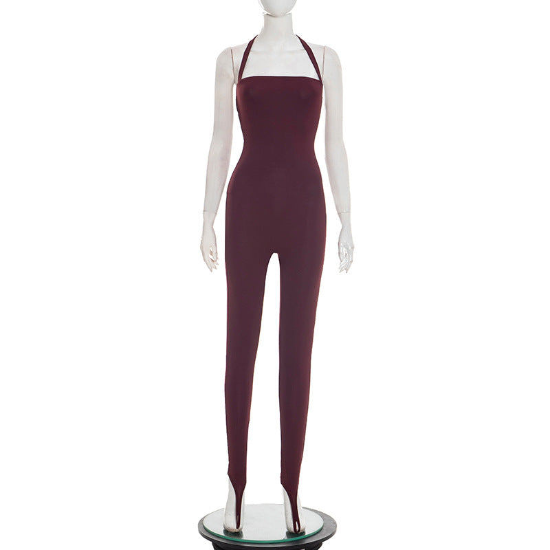 J25jp486 European and American Style Cross-Border Women's Clothing Spring and Summer Halter Strap Backless Solid Color Elastic Sheath Slip-on Jumpsuit