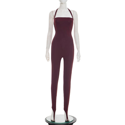 J25jp486 European and American Style Cross-Border Women's Clothing Spring and Summer Halter Strap Backless Solid Color Elastic Sheath Slip-on Jumpsuit