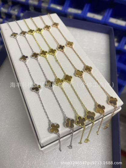 Vanjia Ten Flowers Four-Leaf Clover Necklace for Women, Twenty Flowers Plated with 18K Gold, Black Onyx, Purple Chalcedony, Laser Light Luxury High-End