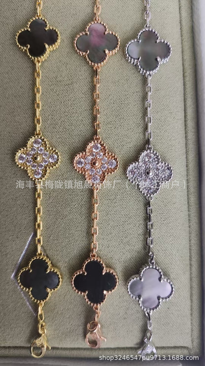 High Version V Gold Four-Leaf Clover Five-Flower Bracelet Cnc Women's Red Agate Purple Chalcedony White Mother-Of-Pearl Plated V Gold V Fashionable and Beautiful