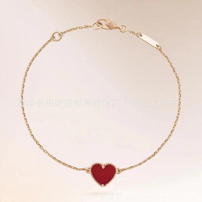 High Version V Gold Small Heart Bracelet for Women, Thick Plated 18K Rose Gold Heart-Shaped Red Agate Bracelet, Wholesale from Manufacturer