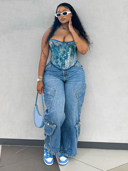 S391396 Foreign Trade European and American New Fashion Women's Casual Fashion Loose Light Blue Multi-Flap Pocket Pants Versatile Jeans