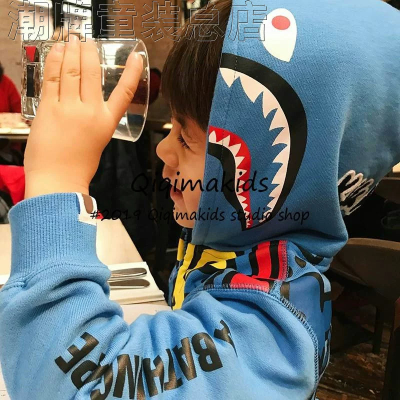 Japanese Fashion Brand BAPE Children's Shark Hooded Fleece-Lined Sweater Autumn Men's and Women's Clothing Jacket Middle and Big Children's Zipper Shirt