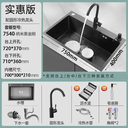 Black 304 Stainless Steel Sink 3mm Thickeneded Kitchen Sink Large Single Tank Household Above Counter Basin under Counter Dishwashing Basin