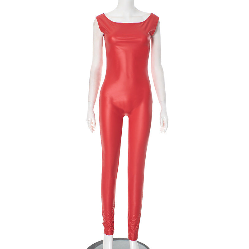 K24JP469 European and American style cross-border women's autumn and winter solid color square collar zipper pullover sleeveless tight elastic jumpsuit