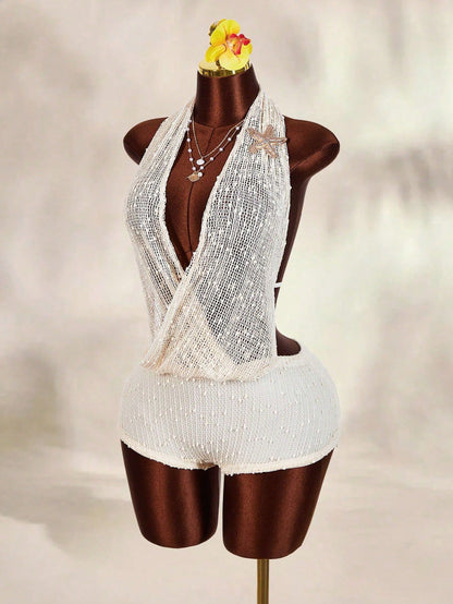 European and American New Cross-Border Women's Clothing Sexy Hot Girl Knitted Halter Neck Pile Collar Backless Sleeveless Woolen Dress Short Skirt for Women