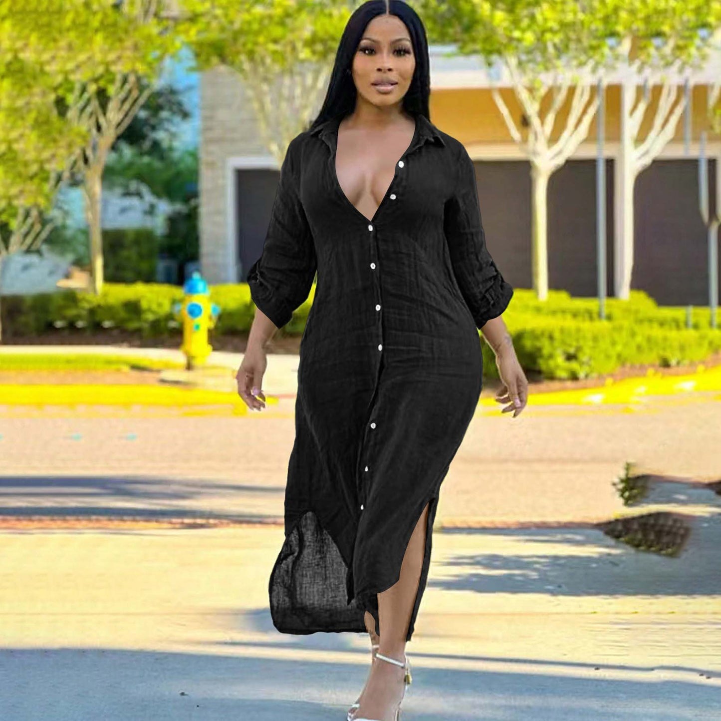 S391137 Cross-Border European and American Women's Summer Fashion Casual Long Shirt Dress with Side Slits and Elegant See-Through Dress