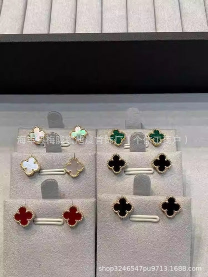 High Version V Gold Plated 18K Clover Ear Racket V Female High-Grade Light Luxury Earrings Lucky Grass Ear Racket V Fashion Beautiful