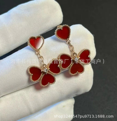 Fashion Niche Heart Red Agate 18K Gold Earrings Heart Vanjia Earrings Single Flower Heart Earrings