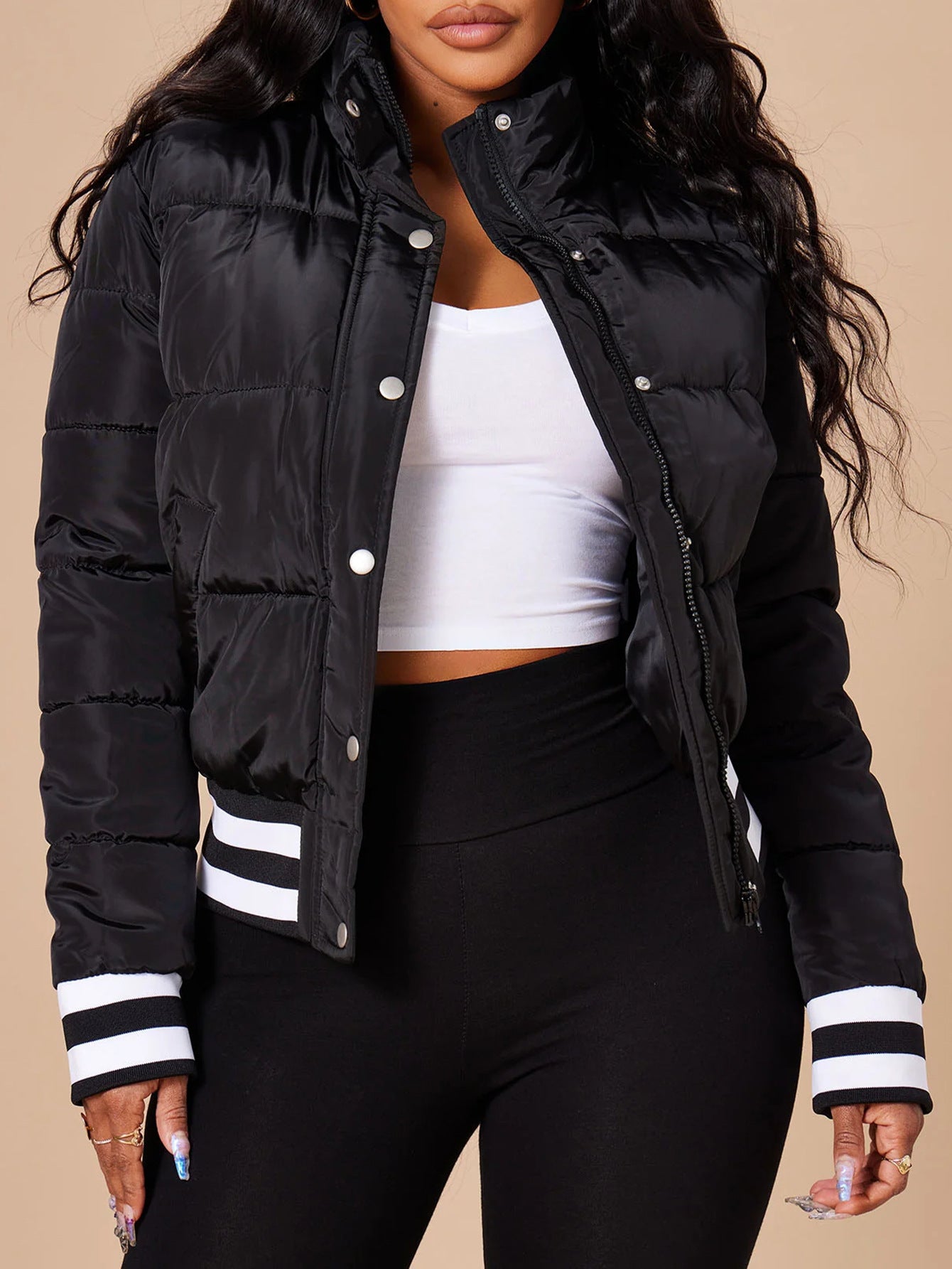 S391426 Autumn and Winter Popular Women's Warm Cotton Clothing European and American Women's Threaded Stripesd Hidden Button Cotton Jacket Jacket
