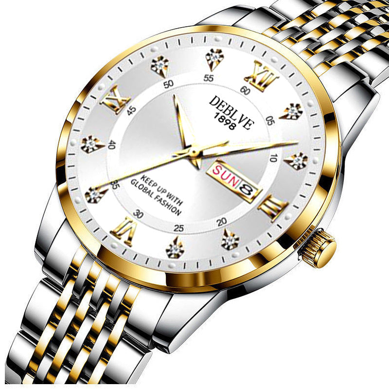 Men's solid band Double calendar Chinese and English luminous waterproof fashion fashion watch non-mechanical scanning needle watch