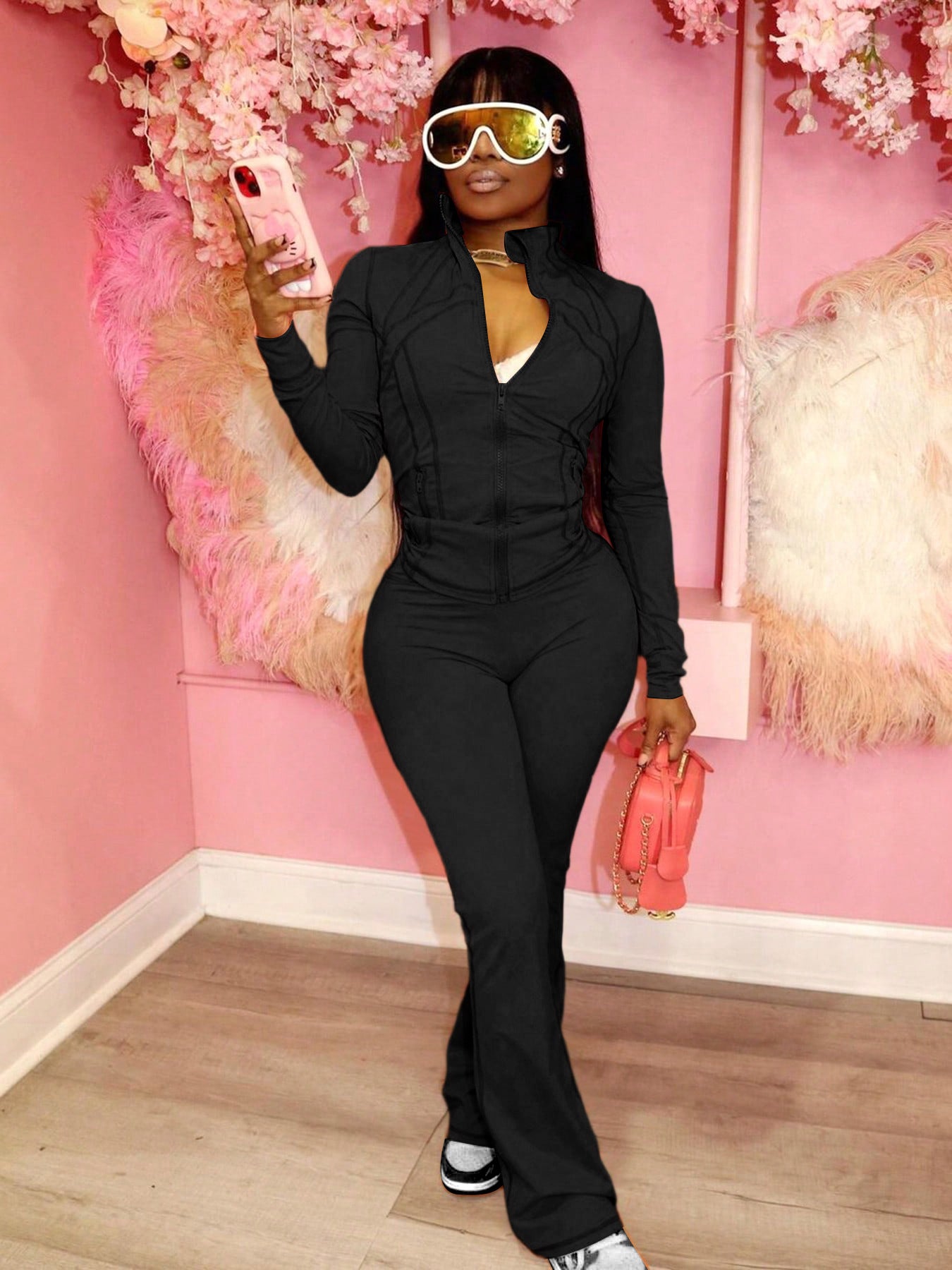 S391382 European and American Sports Casual Women's Clothing Cross-Border Supply Sexy Tight-Fitting Long-Sleeved Micro-Flared Two-Piece Set